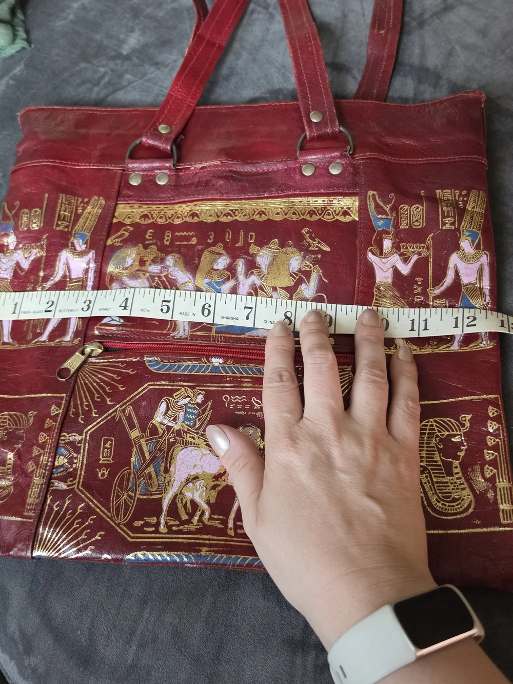 Red Egyptian Motif Leather Tote Bag - Unbranded